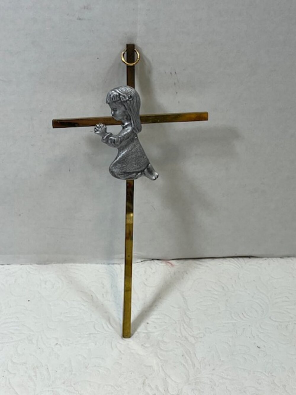 VTG Brass & Pewter Christian Wall Cross Crucifix w/Praying Girl 2-Piece 3.5x7.5"